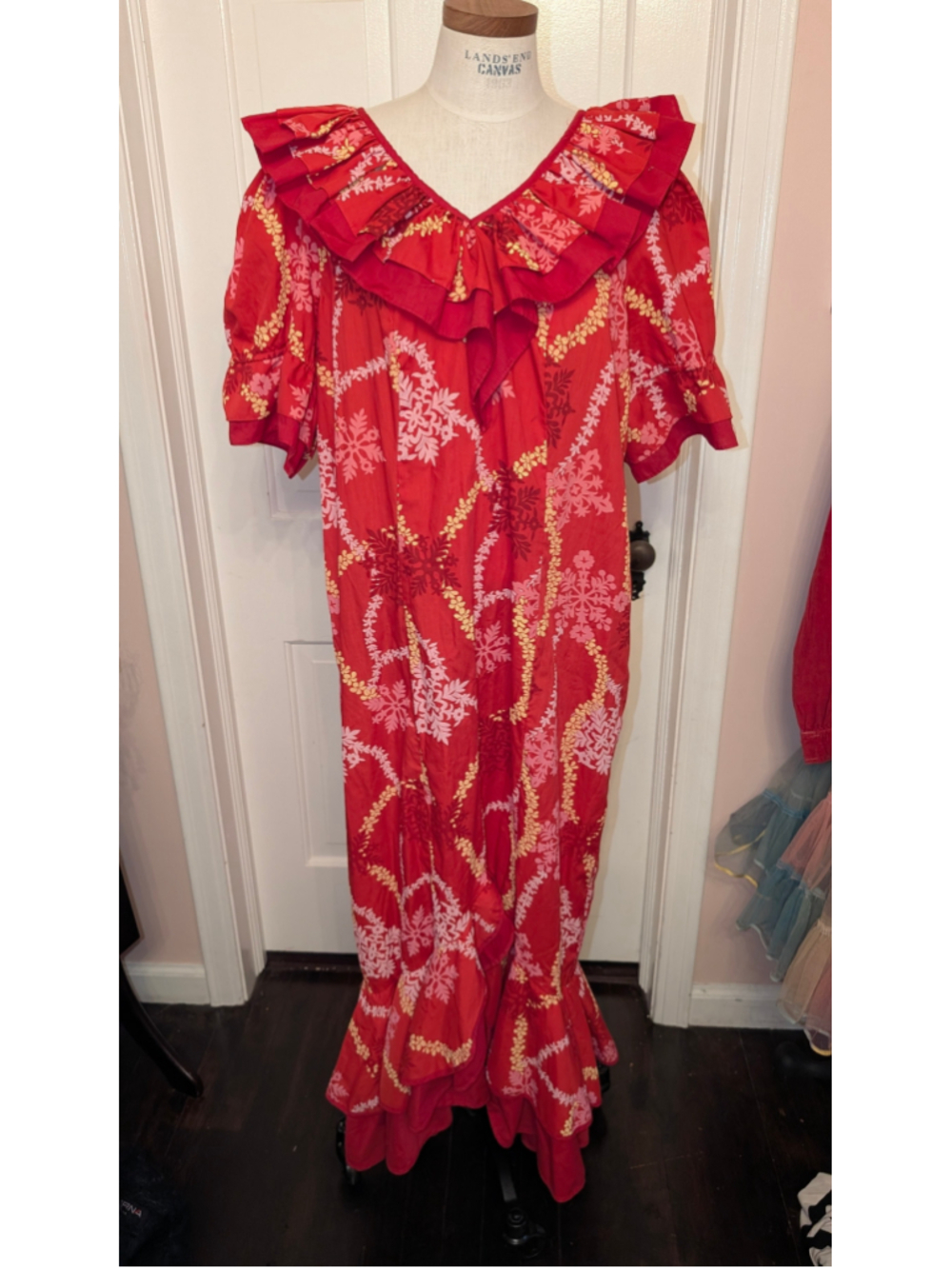 Vintage Rainbow Hawaiian Floral Maxi Dress, Size M, Red and Pink